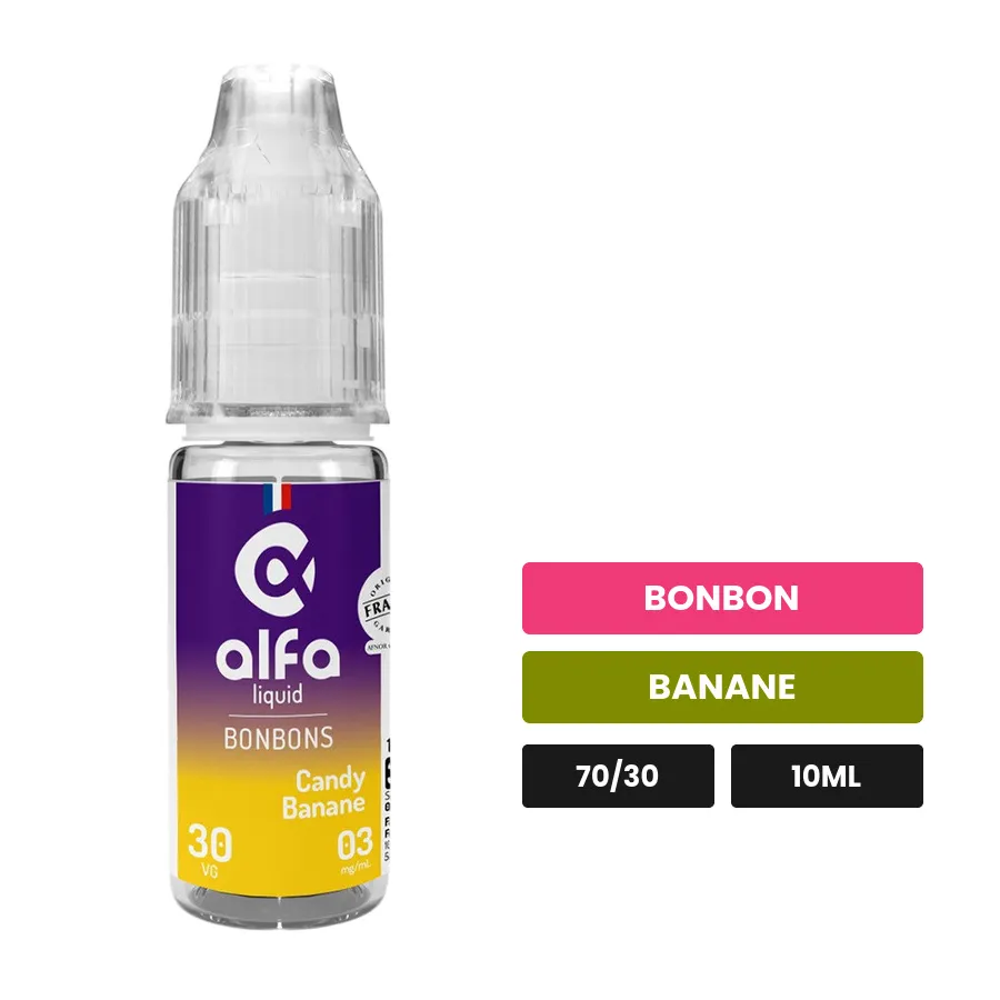 E-liquide Candy Banane d'Alfaliquid, 10 ml, saveurs bonbon et banane.
