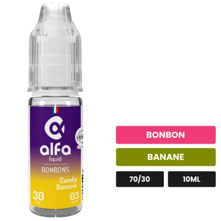 E-liquide Candy Banane d'Alfaliquid, 10 ml, saveurs bonbon et banane.