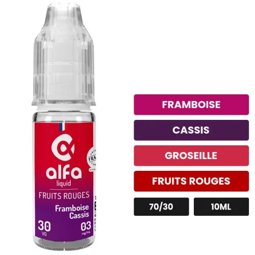 E-liquide Framboise Cassis d'Alfaliquid, 10 ml, saveurs framboise, cassis, groseille et 1 autre.