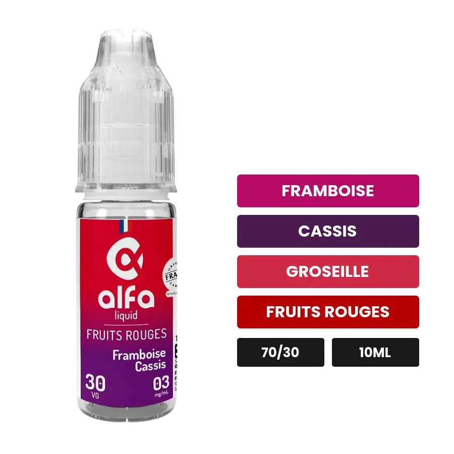 E-liquide Framboise Cassis d'Alfaliquid, 10 ml, saveurs framboise, cassis, groseille et 1 autre.
