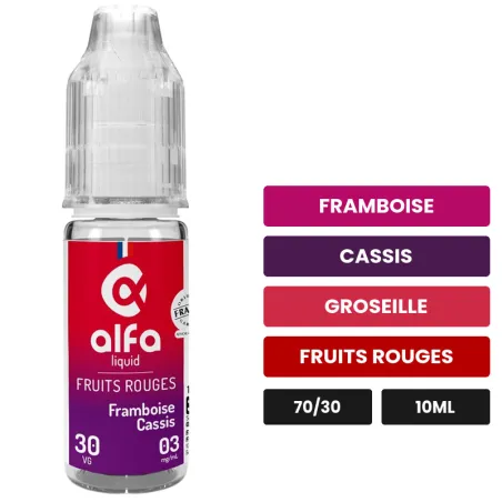 E-liquide Framboise Cassis d'Alfaliquid, 10 ml, saveurs framboise, cassis, groseille et 1 autre.