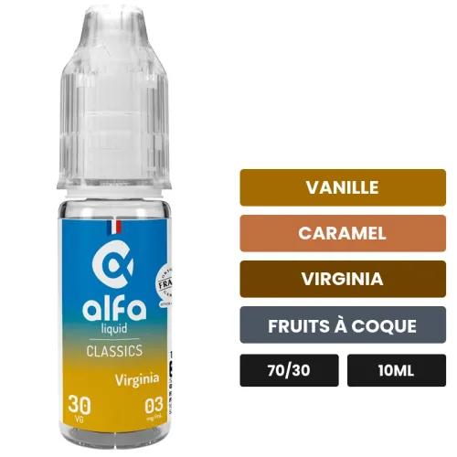 E-liquide Virginia d'Alfaliquid, 10 ml, saveurs vanille, caramel, virginia et 3 autres.