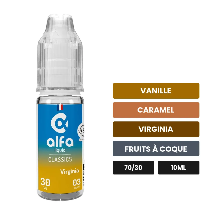 E-liquide Virginia d'Alfaliquid, 10 ml, saveurs vanille, caramel, virginia et 3 autres.