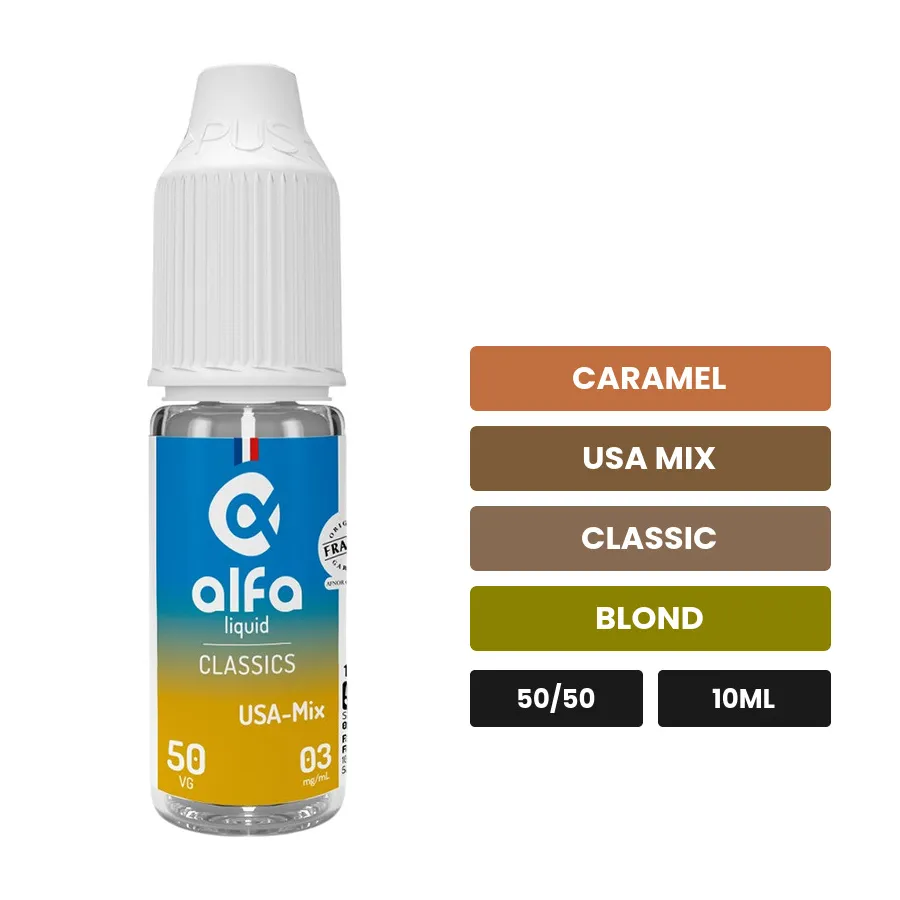 E-liquide USA-Mix 50/50 d'Alfaliquid, 10 ml, saveurs caramel, usa mix, classic et 1 autre.