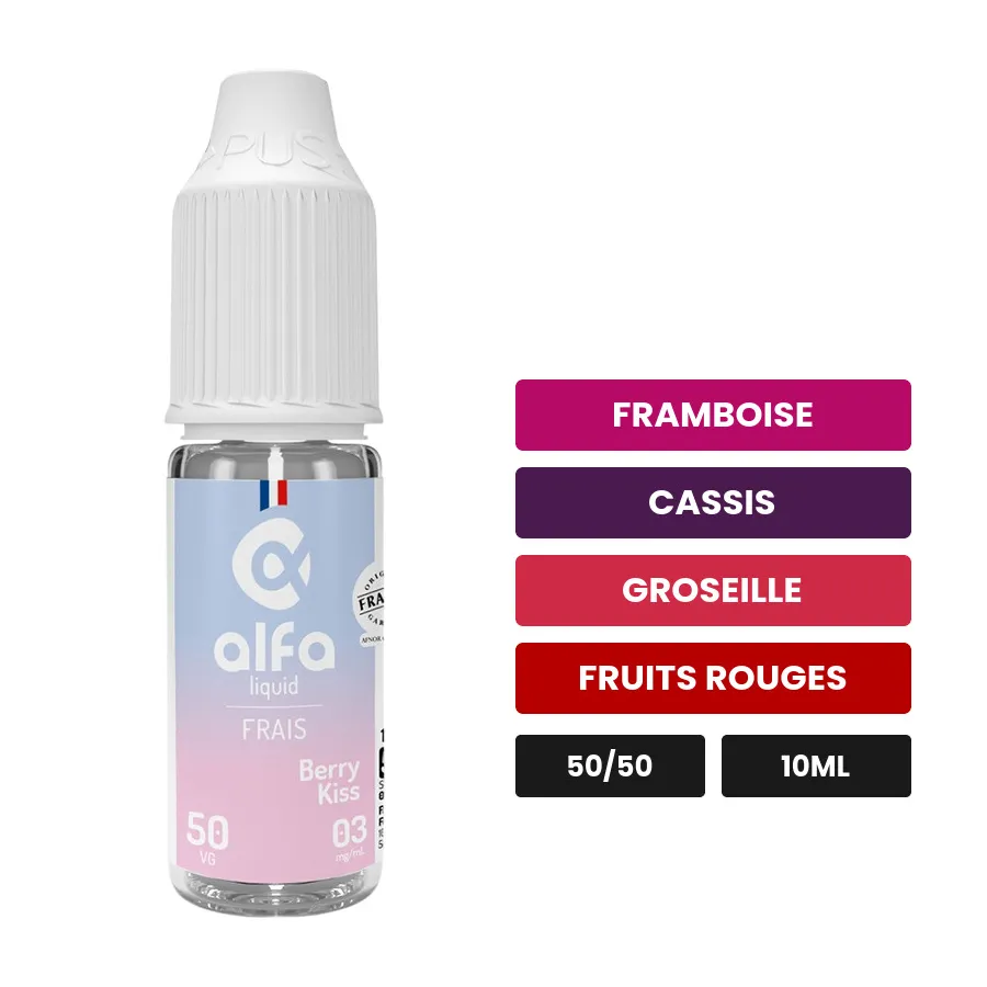 E-liquide Berry Kiss d'Alfaliquid, 10 ml, saveurs framboise, cassis, groseille et 2 autres.