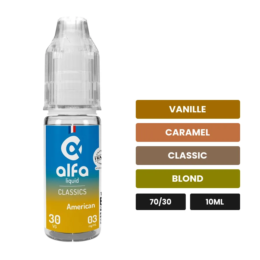 E-liquide American d'Alfaliquid, 10 ml, saveurs vanille, caramel, classic et 1 autre.