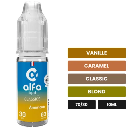 E-liquide American d'Alfaliquid, 10 ml, saveurs vanille, caramel, classic et 1 autre.