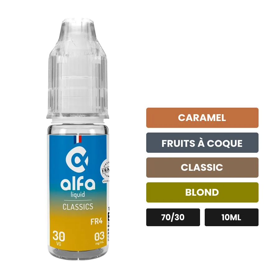 E-liquide Fr4 d'Alfaliquid, 10 ml, saveurs caramel, fruits à coque, classic et 1 autre.