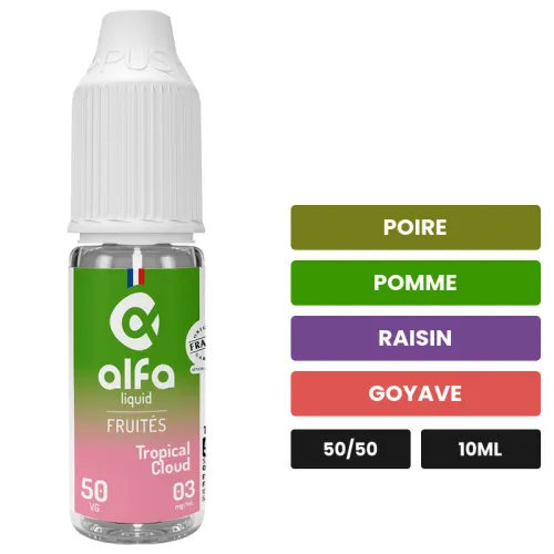 E-liquide Tropical Cloud d'Alfaliquid, 10 ml, saveurs poire, pomme, raisin et 2 autres.