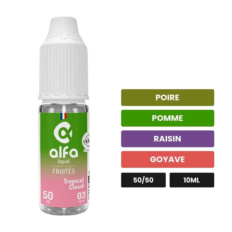 E-liquide Tropical Cloud d'Alfaliquid, 10 ml, saveurs poire, pomme, raisin et 2 autres.