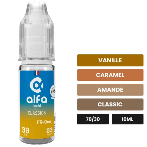 E-liquide FR-One d'Alfaliquid, 10 ml, saveurs vanille, caramel, amande et 2 autres.