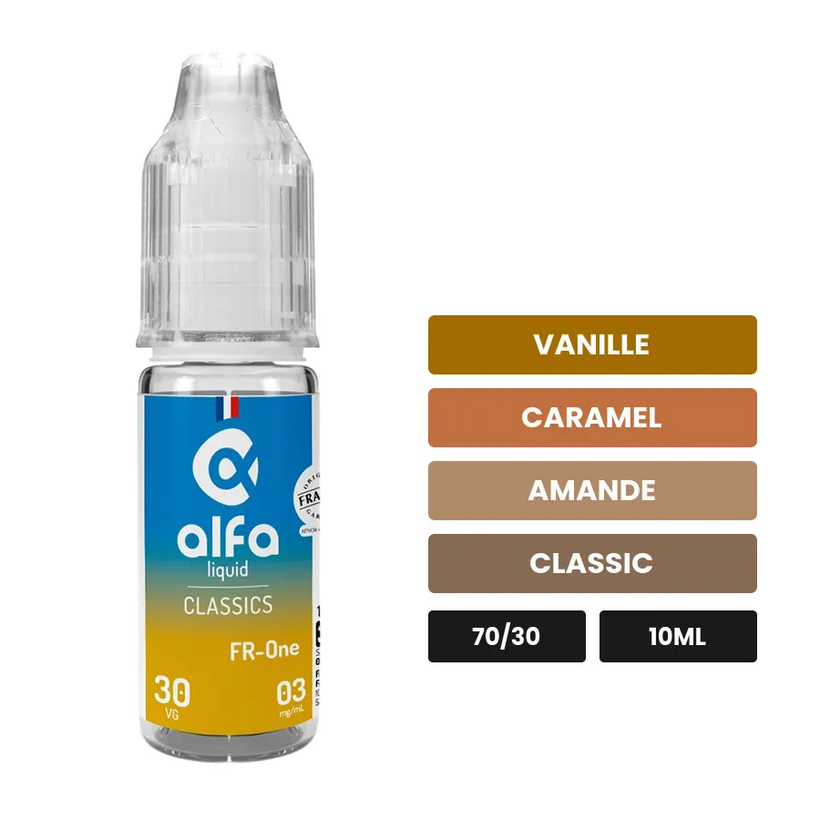 E-liquide FR-One d'Alfaliquid, 10 ml, saveurs vanille, caramel, amande et 2 autres.