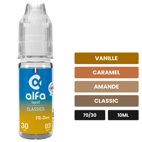 E-liquide FR-One d'Alfaliquid, 10 ml, saveurs vanille, caramel, amande et 2 autres.