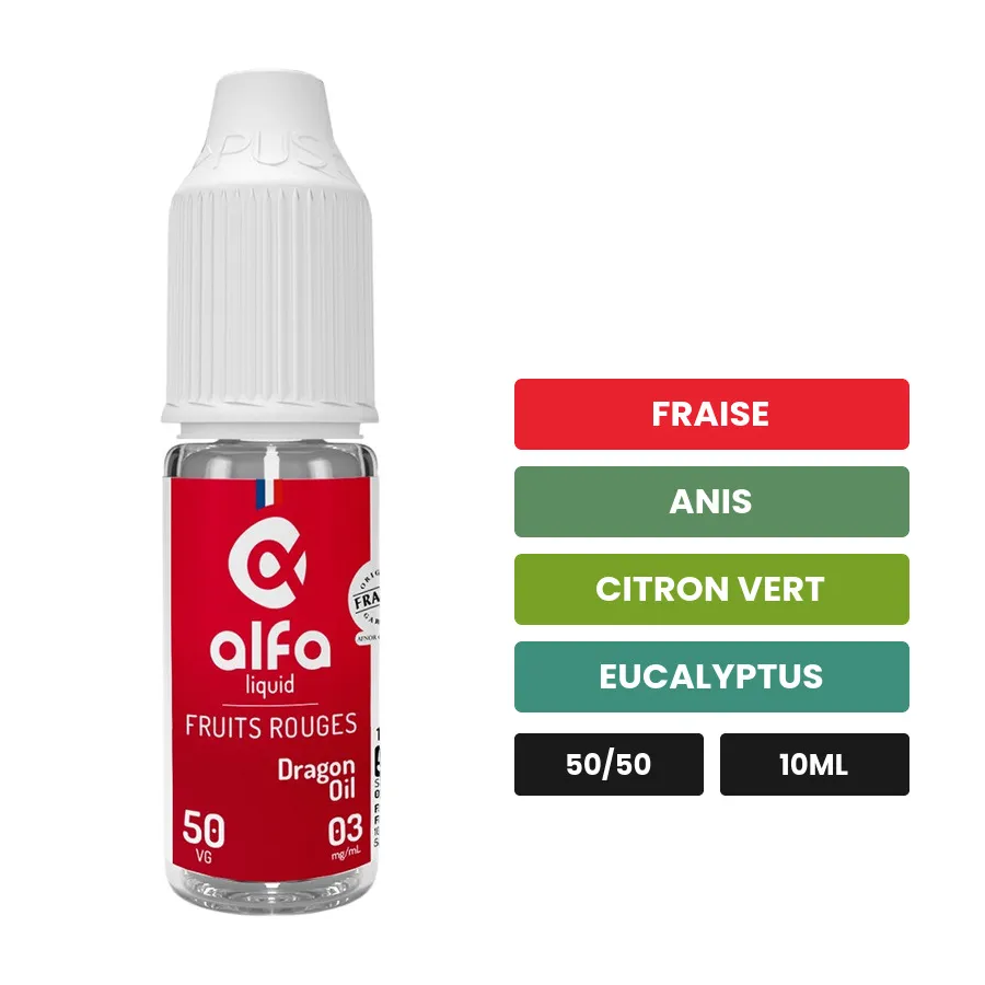 E-liquide Dragon Oil d'Alfaliquid, 10 ml, saveurs fraise, anis, citron vert et 3 autres.
