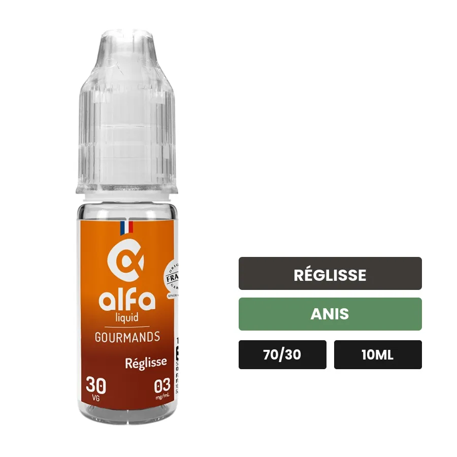 E-liquide Réglisse d'Alfaliquid, 10 ml, saveurs réglisse et anis.