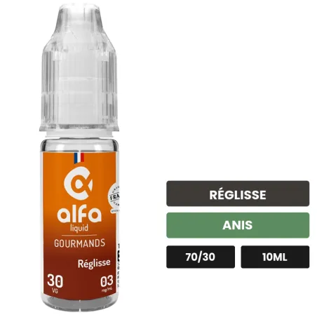 E-liquide Réglisse d'Alfaliquid, 10 ml, saveurs réglisse et anis.
