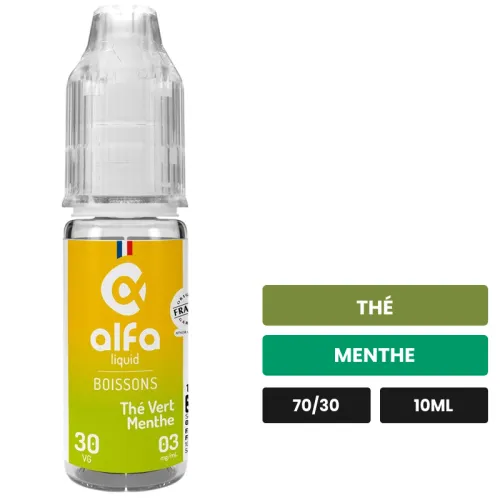 E-liquide Thé Vert Menthe d'Alfaliquid, 10 ml, saveurs thé et menthe.