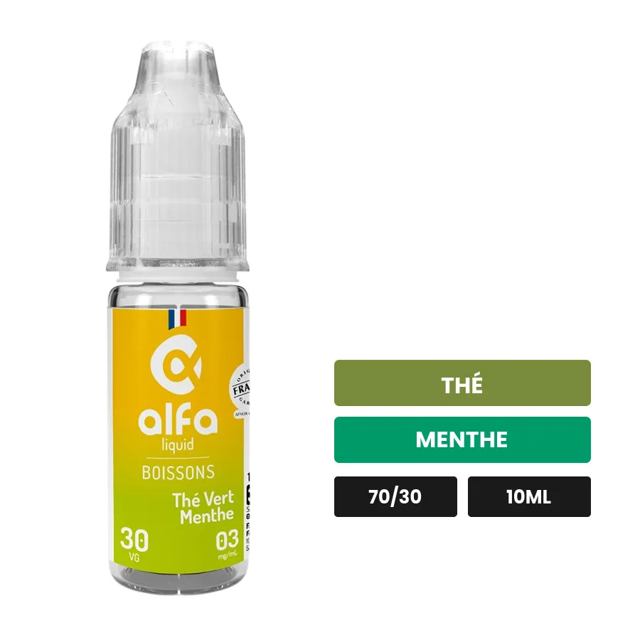 E-liquide Thé Vert Menthe d'Alfaliquid, 10 ml, saveurs thé et menthe.