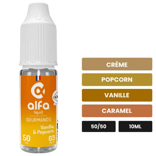 E-liquide Vanilla & Popcorn d'Alfaliquid, 10 ml, saveurs crème, popcorn, vanille et 1 autre.
