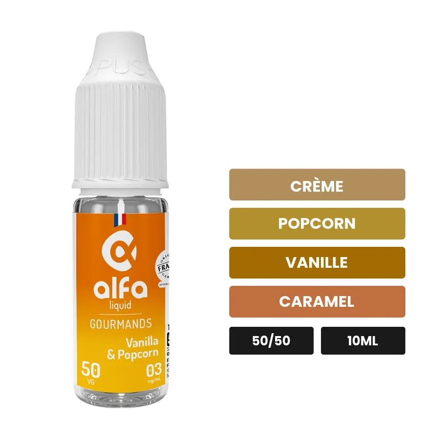 E-liquide Vanilla & Popcorn d'Alfaliquid, 10 ml, saveurs crème, popcorn, vanille et 1 autre.