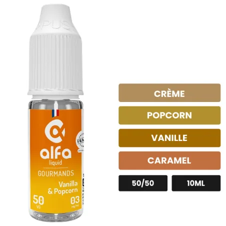 E-liquide Vanilla & Popcorn d'Alfaliquid, 10 ml, saveurs crème, popcorn, vanille et 1 autre.