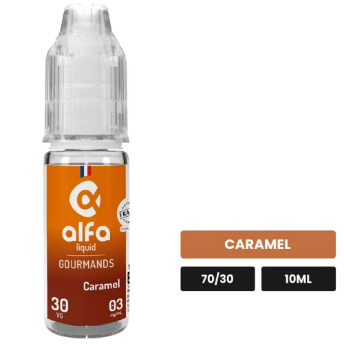 E-liquide Caramel d'Alfaliquid, 10 ml, saveur caramel.