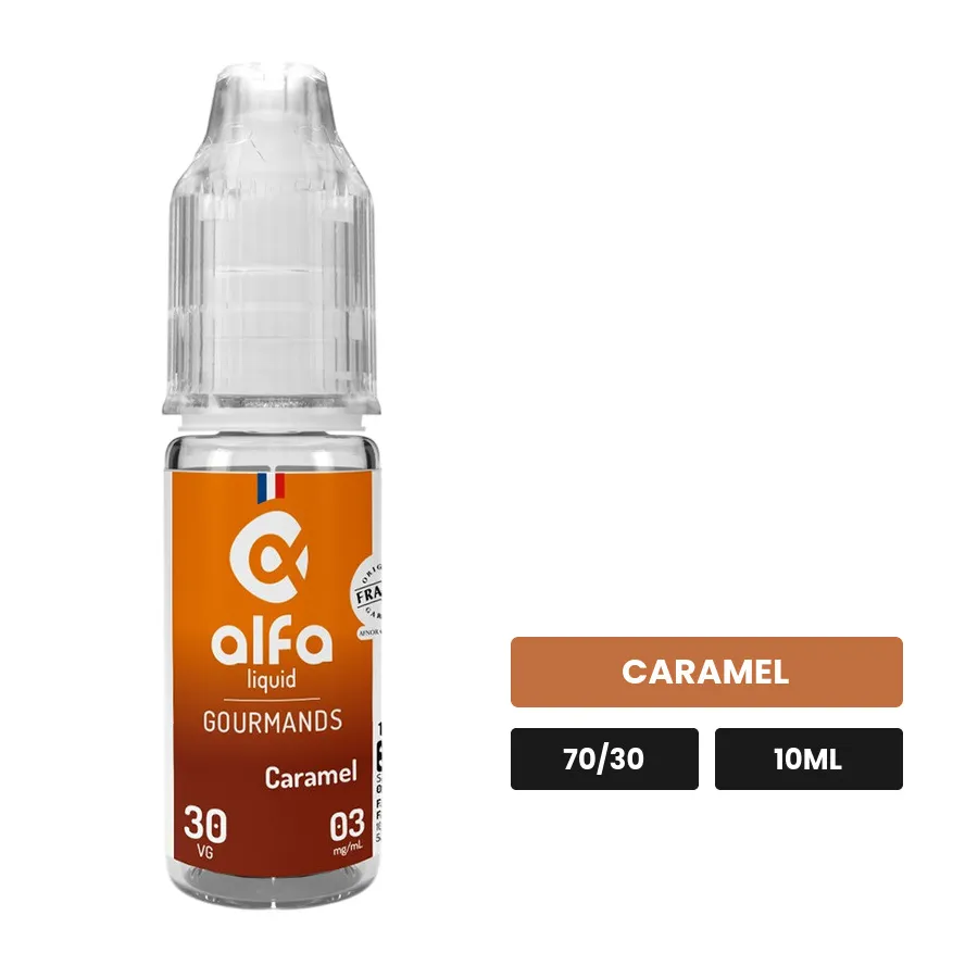 E-liquide Caramel d'Alfaliquid, 10 ml, saveur caramel.