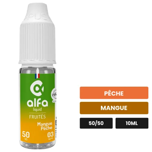E-liquide Mangue Pêche d'Alfaliquid, 10 ml, saveurs pêche et mangue.