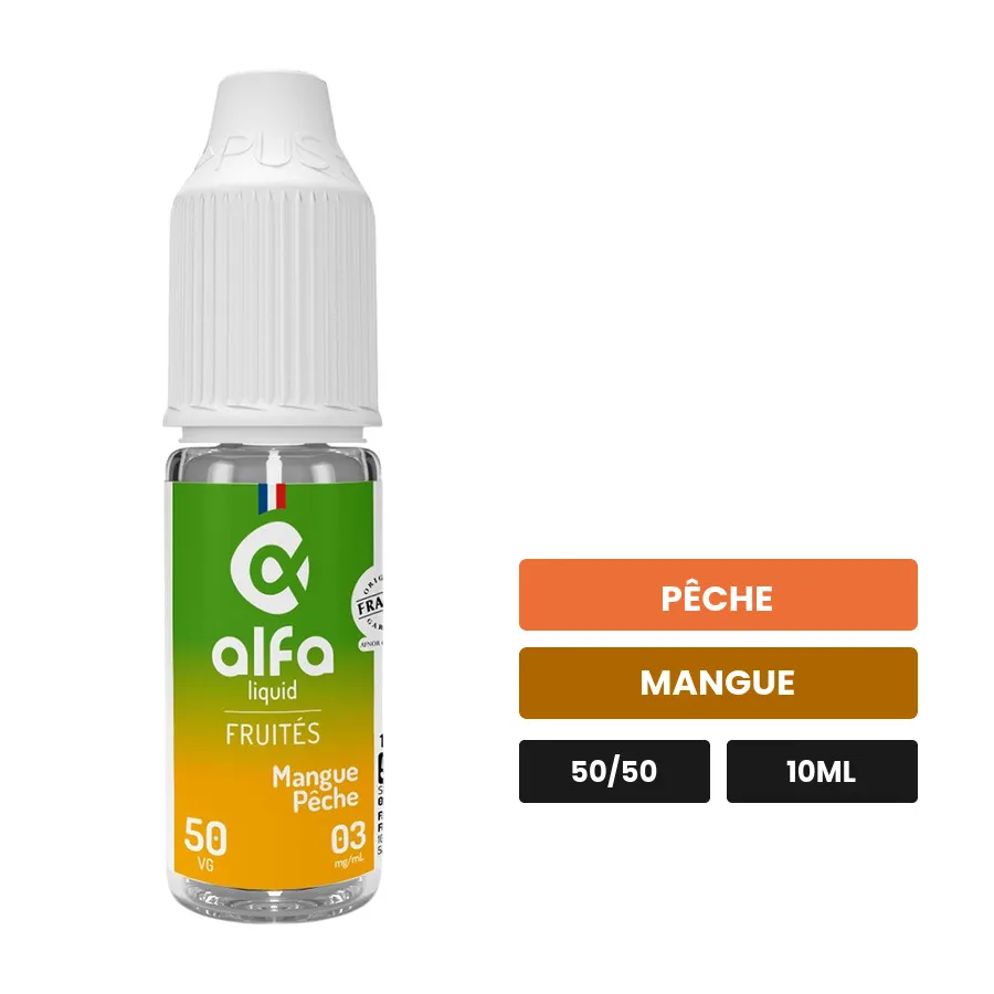 E-liquide Mangue Pêche d'Alfaliquid, 10 ml, saveurs pêche et mangue.