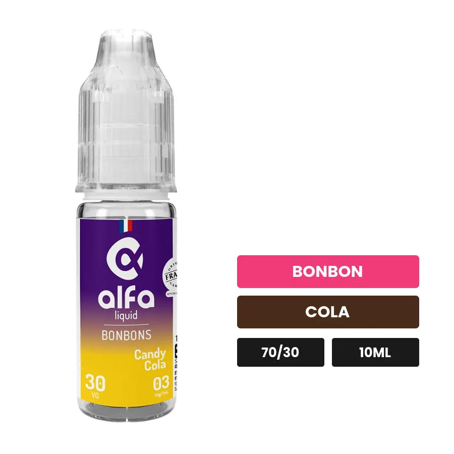 E-liquide Candy Cola d'Alfaliquid, 10 ml, saveurs bonbon et cola.