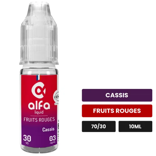E-liquide Cassis d'Alfaliquid, 10 ml, saveurs cassis et fruits rouges.