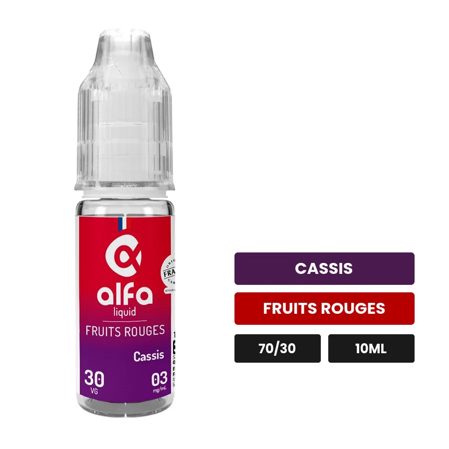 E-liquide Cassis d'Alfaliquid, 10 ml, saveurs cassis et fruits rouges.