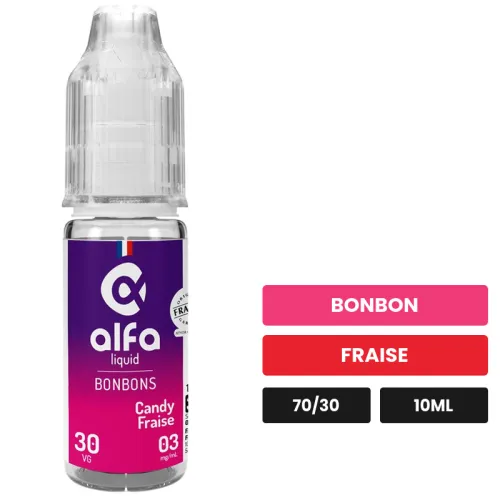 E-liquide Candy Fraise d'Alfaliquid, 10 ml, saveurs bonbon et fraise.