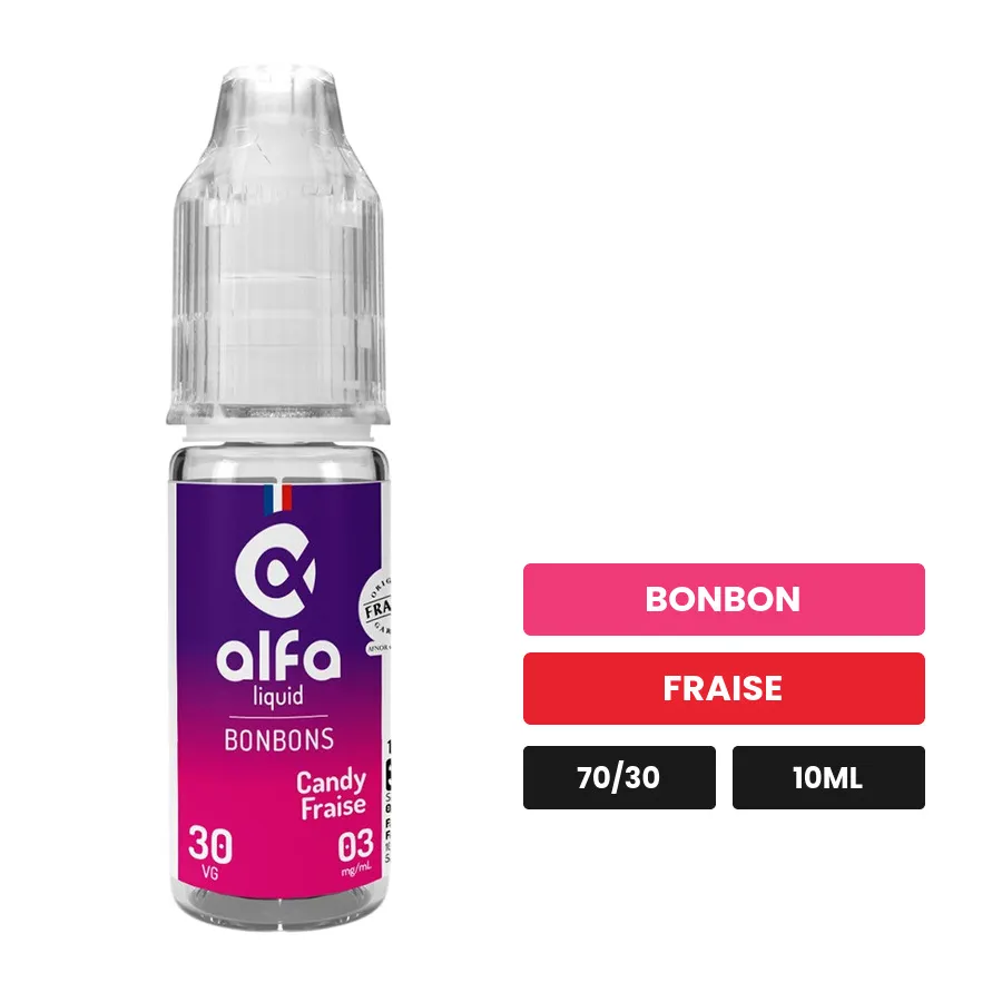E-liquide Candy Fraise d'Alfaliquid, 10 ml, saveurs bonbon et fraise.