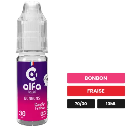 E-liquide Candy Fraise d'Alfaliquid, 10 ml, saveurs bonbon et fraise.