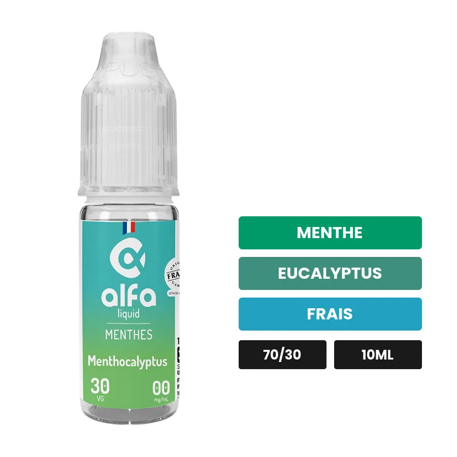 E-liquide Menthocalyptus d'Alfaliquid, 10 ml, saveurs menthe, eucalyptus et frais.