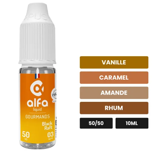 E-liquide Black Raft d'Alfaliquid, 10 ml, saveurs vanille, caramel, amande et 1 autre.