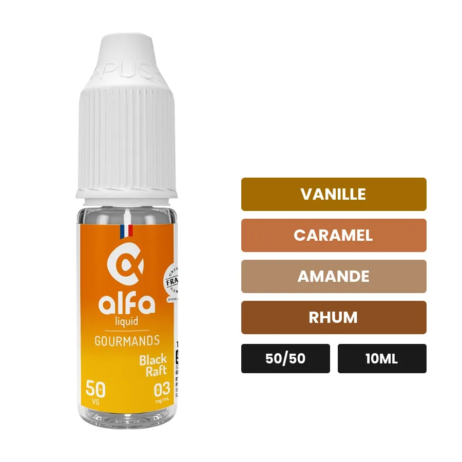 E-liquide Black Raft d'Alfaliquid, 10 ml, saveurs vanille, caramel, amande et 1 autre.