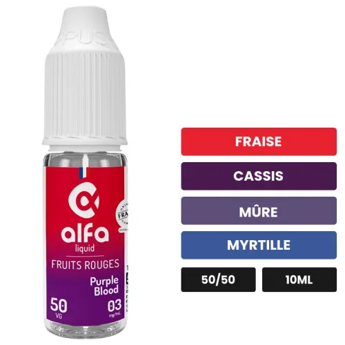 E-liquide Purple Blood d'Alfaliquid, 10 ml, saveurs fraise, cassis, mûre et 2 autres.