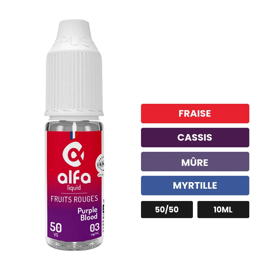E-liquide Purple Blood d'Alfaliquid, 10 ml, saveurs fraise, cassis, mûre et 2 autres.
