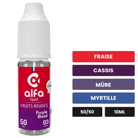 E-liquide Purple Blood d'Alfaliquid, 10 ml, saveurs fraise, cassis, mûre et 2 autres.