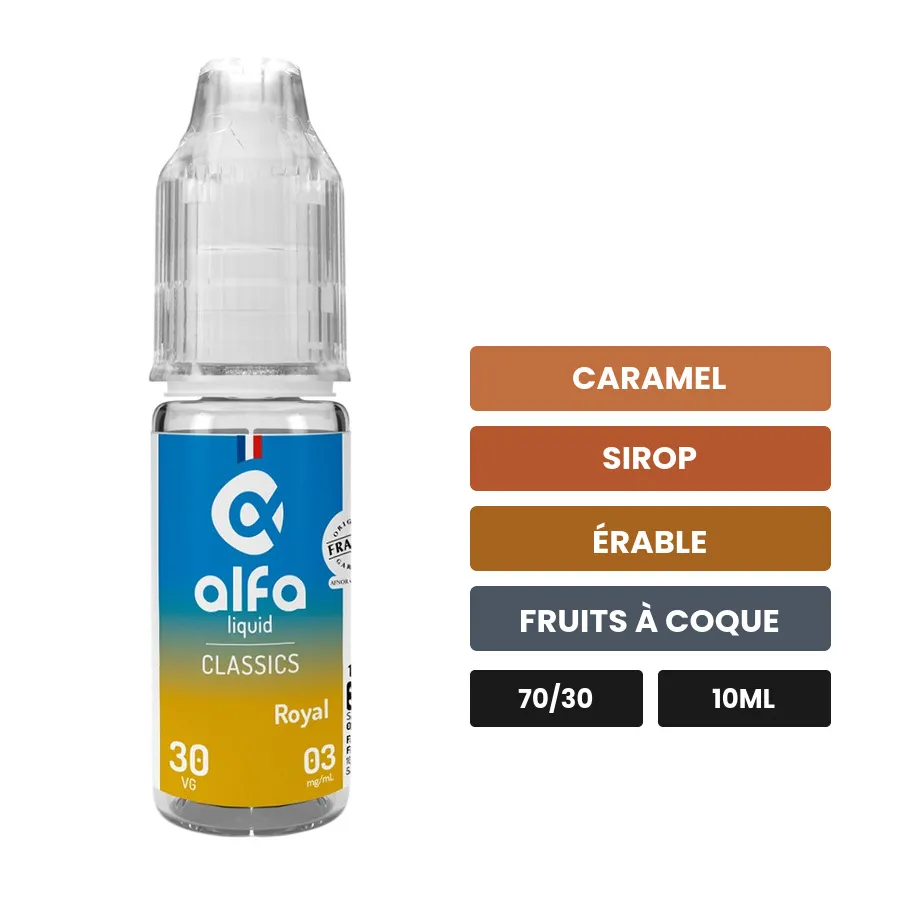 E-liquide Royal d'Alfaliquid, 10 ml, saveurs caramel, sirop, érable et 3 autres.