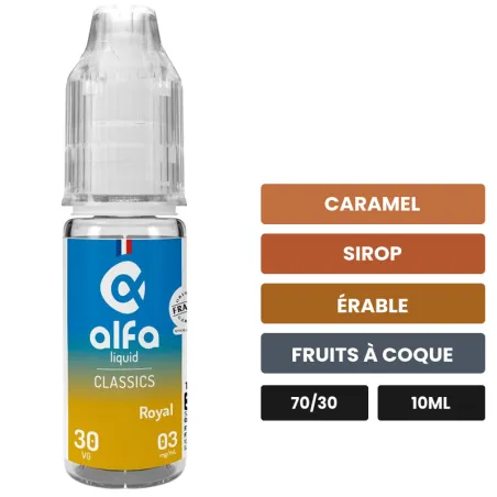 E-liquide Royal d'Alfaliquid, 10 ml, saveurs caramel, sirop, érable et 3 autres.