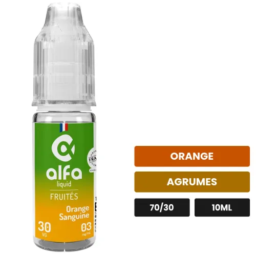 E-liquide Orange Sanguine d'Alfaliquid, 10 ml, saveurs orange et agrumes.