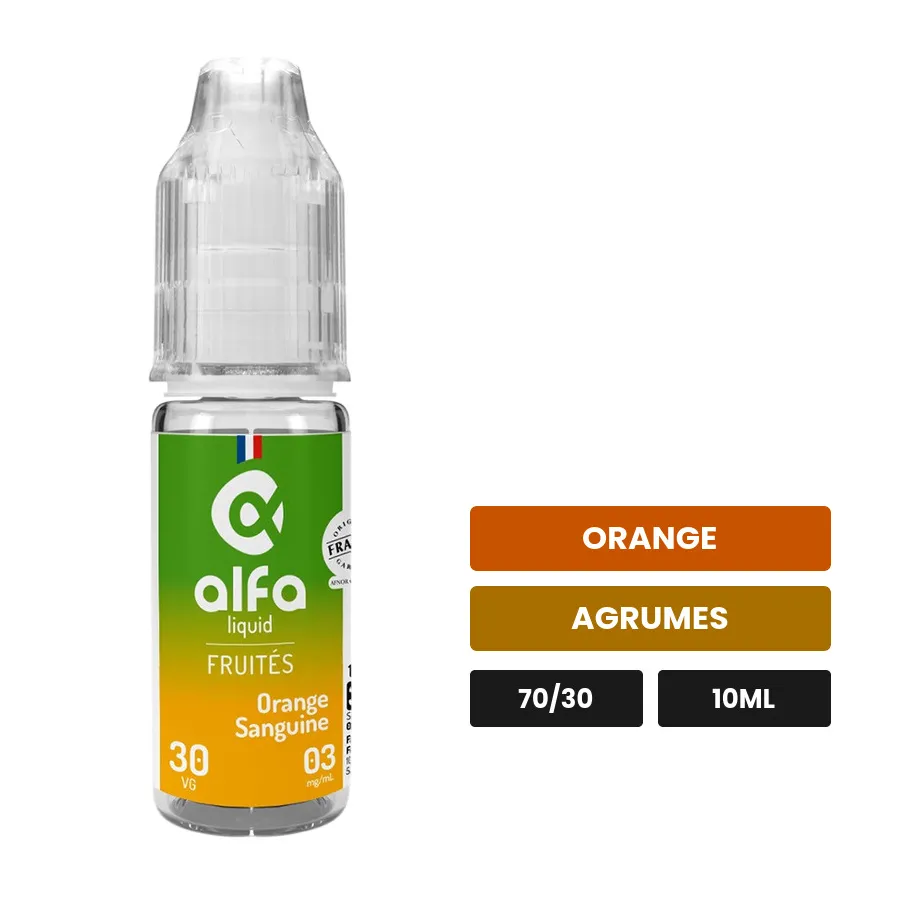 E-liquide Orange Sanguine d'Alfaliquid, 10 ml, saveurs orange et agrumes.