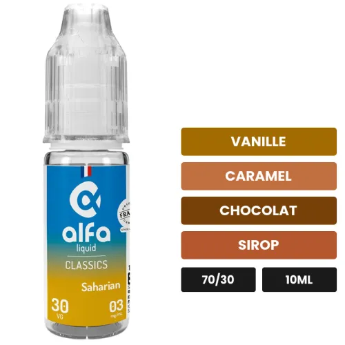 E-liquide Saharian d'Alfaliquid, 10 ml, saveurs vanille, caramel, chocolat et 5 autres.