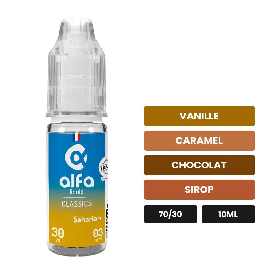 E-liquide Saharian d'Alfaliquid, 10 ml, saveurs vanille, caramel, chocolat et 5 autres.