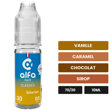 E-liquide Saharian d'Alfaliquid, 10 ml, saveurs vanille, caramel, chocolat et 5 autres.