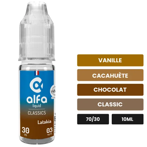 E-liquide Latakia d'Alfaliquid, 10 ml, saveurs vanille, cacahuète, chocolat et 2 autres.