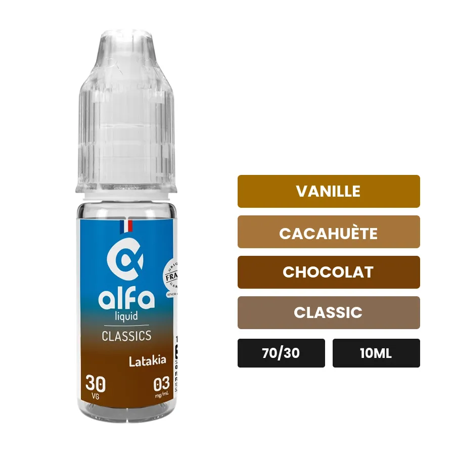 E-liquide Latakia d'Alfaliquid, 10 ml, saveurs vanille, cacahuète, chocolat et 2 autres.
